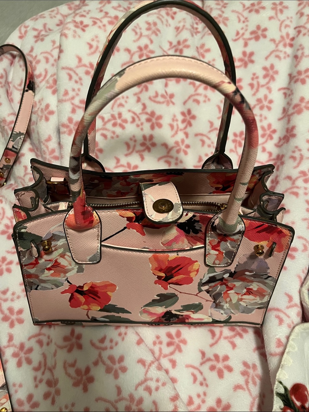 Pink Floral Structured Satchel Tote with Top Handles